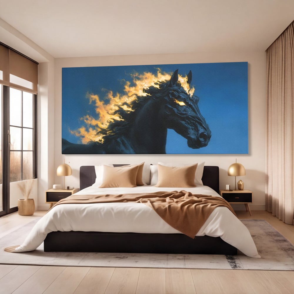 Tablou canvas cu tablou canvas cu armasar in flacari, fara rama, pe sasiu de lemn, pe perete intr-un dormitor